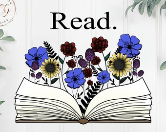 Boek met bloemen-bloemenboek png-boek sublimatie-leesboekliefhebbers-vintage-lezen-wilde bloemen-wilde bloemen boek png-zonnebloem-sticker ontwerp