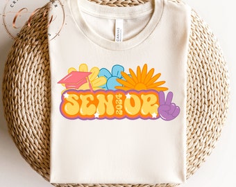Senior 2024-retro sublimation-senior png design-retro floral-retro peace sign-graduation-2024 grad-senior shirt-cap & gown-college grad png