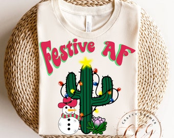 Retro Christmas PNG-Festive AF png-Christmas cactus-cowboy png-cowgirl xmas png-sublimation tshirt design-retro shirt png-trendy holiday png