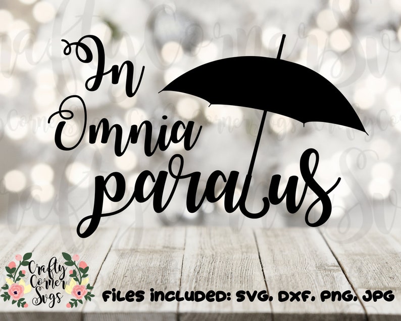 May include: Black and white graphic design with an umbrella and the text "In Omnia Paratus".