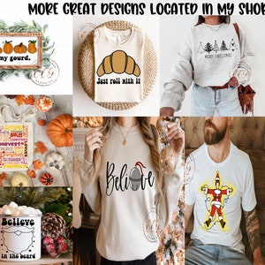 May include: A collage of images showcasing various designs for t-shirts, mugs, and tote bags. The designs include a pumpkin with the text "Oh, my gourd.", a croissant with the text "Just roll with it", a Christmas tree with the text "Merry Christmas", a bell with the text "Believe", a Santa Claus with lights, and a beard with the text "Believe in the beard".