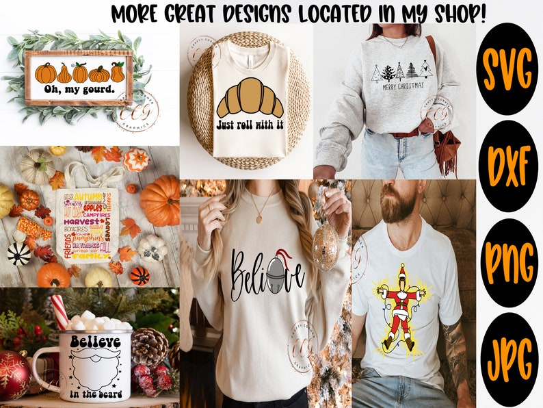 May include: A collage of images showcasing various designs for t-shirts, mugs, and tote bags. The designs include a pumpkin with the text "Oh, my gourd.", a croissant with the text "Just roll with it", a Christmas tree with the text "Merry Christmas", a bell with the text "Believe", a Santa Claus with lights, and a beard with the text "Believe in the beard".