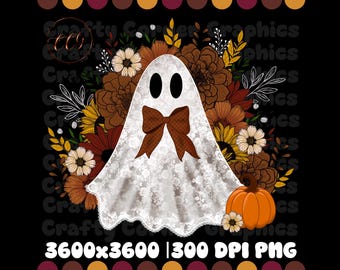lace ghost-floral ghost-fall foliage-trendy cute Halloween design-lace coquette bow-pumpkin-sublimation design-dtf-png for tshirt-trendy png