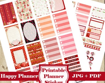 Kit de pegatinas del planificador de FRESA – Pegatinas del planificador IMPRIMIBLES de fresa - Pegatinas del planificador de bricolaje Pegatinas del planificador funcional mensual DESCARGAR