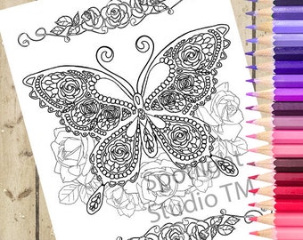 MARIPOSA Página para colorear para adultos – Fantasía Rosa Mariposa Imprimible Página para colorear Adulto Libro para colorear Página Dibujo Página para colorear para adultos DESCARGAR