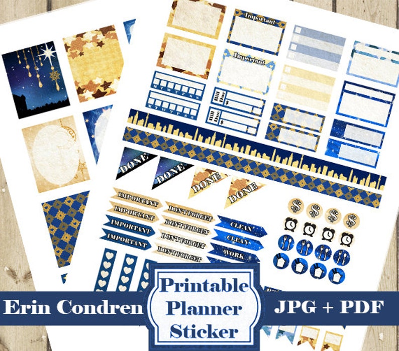 STARRY NIGHT Planner Stickers Kit Star Blue Printable Planner Stickers Diy Monthly Weekly Stickers Blue Planner Stickers DOWNLOAD image 2