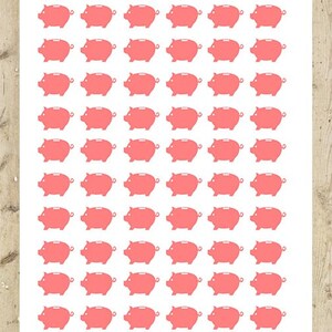 May include: A sheet of 64 pink piggy bank stickers. The stickers are arranged in an 8x8 grid.