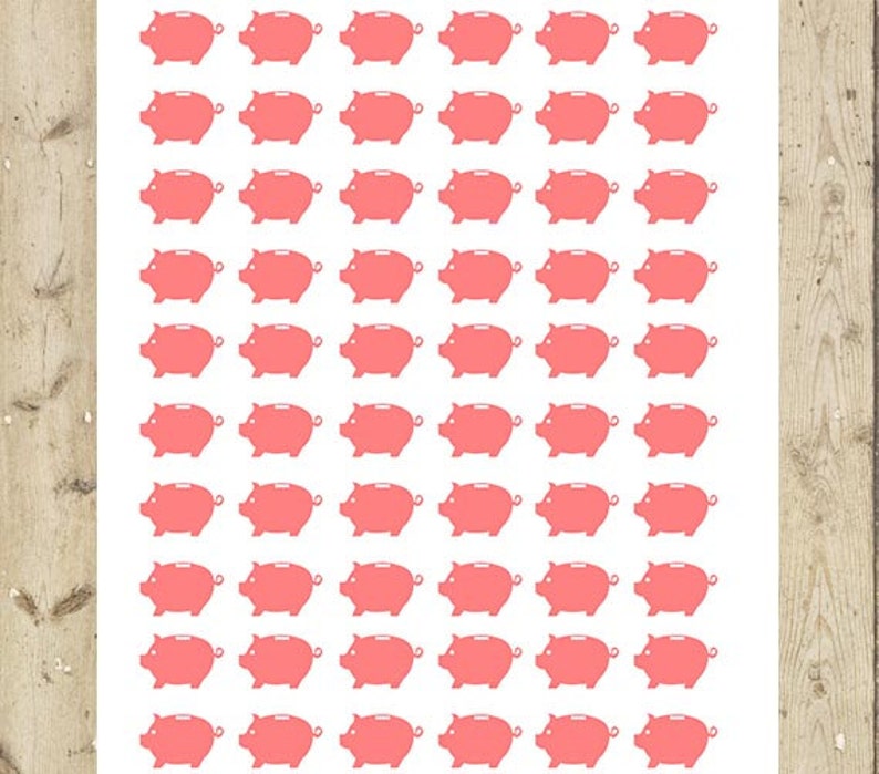 May include: A sheet of 64 pink piggy bank stickers. The stickers are arranged in an 8x8 grid.