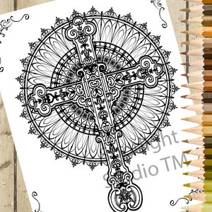 May include: A black and white intricate cross design with a mandala pattern. The cross is surrounded by a circular design with floral details.