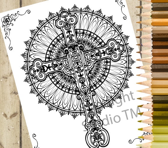 Cross Adult Coloring Page Printable Color Page Adult Etsy
