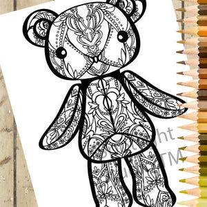 May include: A black and white line drawing of a teddy bear with intricate floral patterns throughout the design. The bear is standing with its arms outstretched.