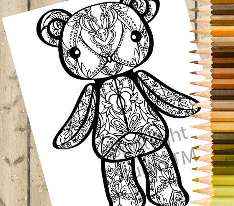 May include: A black and white line drawing of a teddy bear with intricate floral patterns throughout the design. The bear is standing with its arms outstretched.