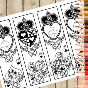 May include: Four black and white printable bookmark designs featuring playing card suits with a crown and ornate details. The suits are spades, hearts, clubs, and diamonds.