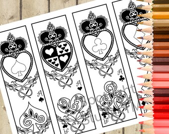 Marcadores imprimibles de naipes - 4 marcadores para colorear para adultos imprimibles Coloréelo - Alice Bookmarks DIY - Heart Digital Bookmarks DESCARGAR