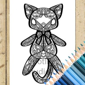 May include: A black and white line drawing of a cat with intricate patterns and a bow tie. The cat is in a sitting position with its tail curled around its body.