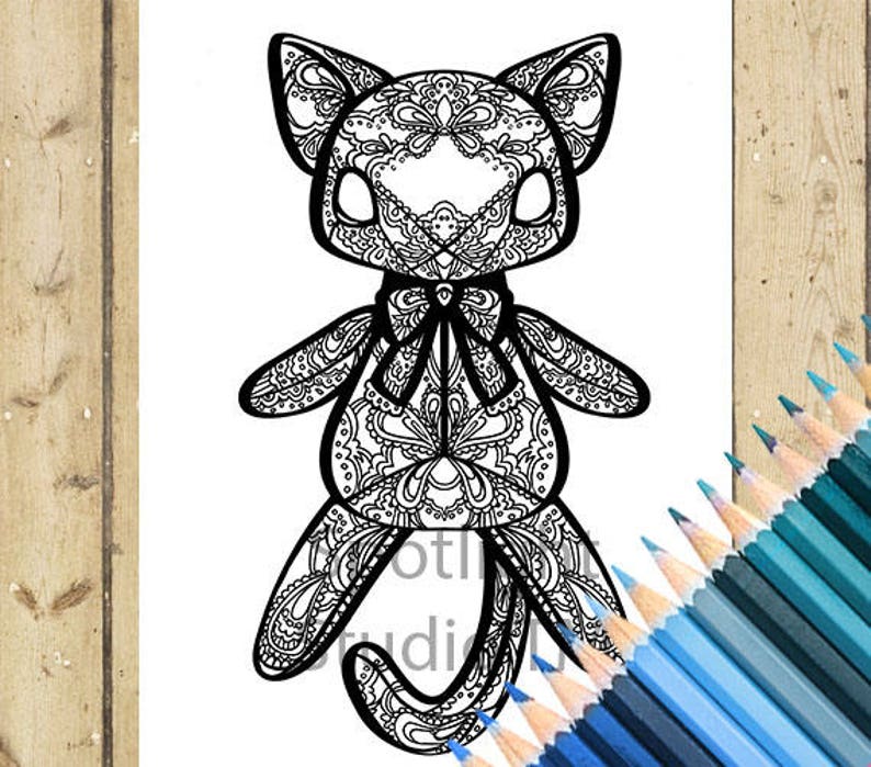 May include: A black and white line drawing of a cat with intricate patterns and a bow tie. The cat is in a sitting position with its tail curled around its body.