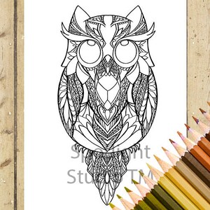 May include: A black and white line drawing of an owl with intricate patterns and details. The owl has large, round eyes and a detailed beak. The drawing is perfect for coloring.