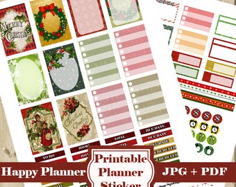 May include: Printable Christmas planner stickers with a red, green, and white color scheme. The stickers feature various designs, including a Christmas tree, a wreath, and a Santa Claus. The text "Merry Christmas" and "Christmas Greeting" are included on some of the stickers. The stickers are designed to be used in a planner or journal.