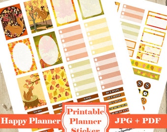 May include: Printable planner stickers with a fall theme. The stickers feature squirrels, acorns, leaves, and the words "Happy Planner", "To Do", "Today", "Goal", "Due Date", and "Scheduled".