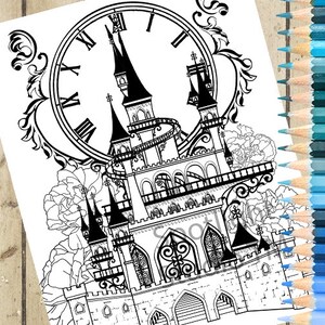May include: A black and white illustration of a fairytale castle with a clock face and floral details. The castle has a tall tower with a pointed roof and a spiral staircase. The clock face is surrounded by Roman numerals and has a winding path leading up to the castle.