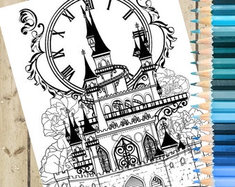 CINDERELLA CASTLE Página para colorear para adultos – Cenicienta Página para colorear imprimible Castillo de cuento de hadas Página para colorear Página de libro para colorear para adultos DESCARGAR