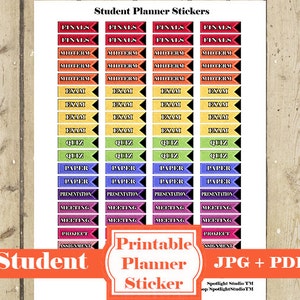 May include: A set of colorful printable planner stickers with different labels, including "Finals", "Midterm", "Exam", "Quiz", "Paper", "Presentation", "Meeting", "Project", and "Assignment".