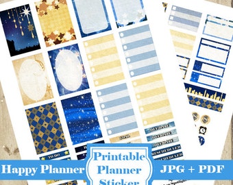 Kit de pegatinas del planificador STARRY NIGHT – Pegatinas del planificador imprimibles en azul estrella - Pegatinas del planificador azul Etiqueta funcional mensual semanal DESCARGAR