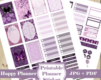 Kit de pegatinas del planificador BUTTERFLY – 105 pegatinas del planificador imprimibles de color púrpura – Pegatinas del planificador de bricolaje Pegatinas funcionales mensuales semanales DESCARGAR