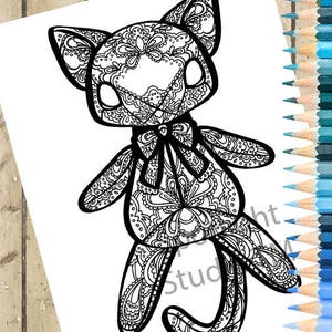 May include: A black and white line art illustration of a cat with intricate patterns and a bow tie. The cat is standing on all fours with its tail curled around its body.