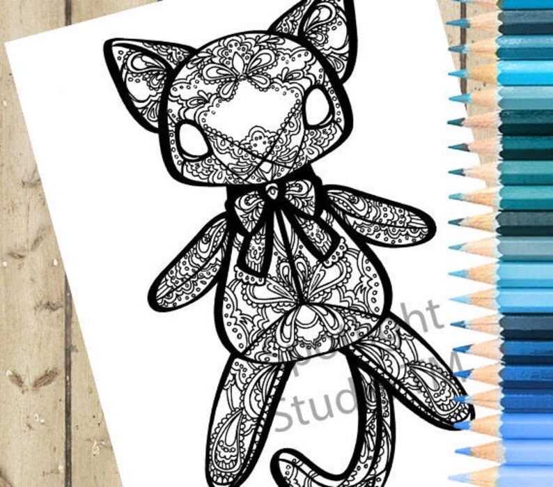 May include: A black and white line art illustration of a cat with intricate patterns and a bow tie. The cat is standing on all fours with its tail curled around its body.