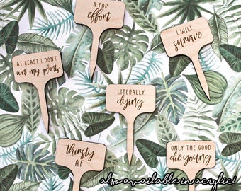 Set of 6 Bad Plant Mom Tags | Wood | Acrylic | Funny Plant Tags | Punny Plant Sticks | Plant Gifts | Herb Picks | Plant Labels | Markers