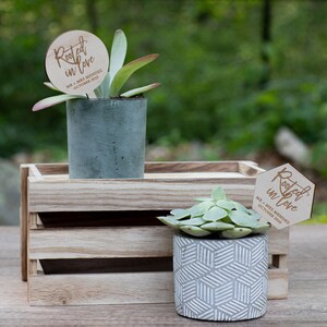 May include: Two small succulent plants in gray pots with wooden signs that say "Rooted in love" with the wedding date. The plants are sitting on a wooden crate.