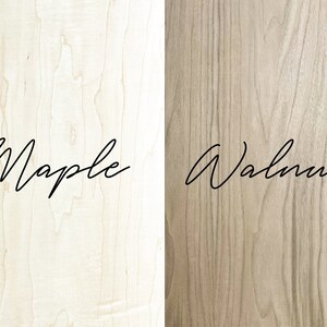 May include: Close-up of two wood samples, one maple and one walnut. The wood grain is visible in both samples.