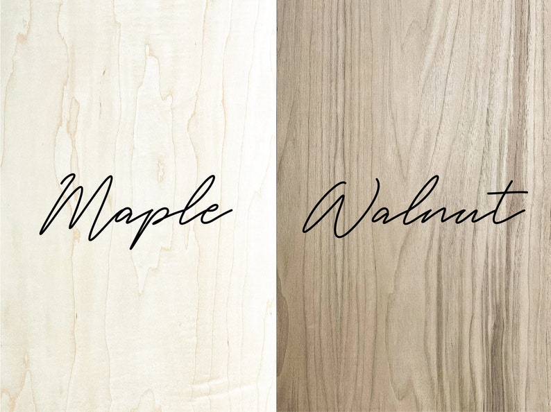 May include: Close-up of two wood samples, one maple and one walnut. The wood grain is visible in both samples.