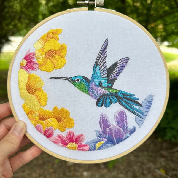 Hummingbird Embroidery Kit, Complete kit with everything you need to make this piece (except scissors), Detailed Instructions, DMC Floss