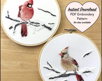 Cardinal Embroidery PDF Pattern: Male & Female Bird Design (Digital Download)