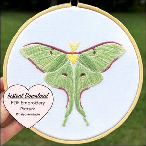 Luna Moth Embroidery PDF Pattern, Butterfly Embroidery Blueprint, Detailed Instructions with Stitch Guide