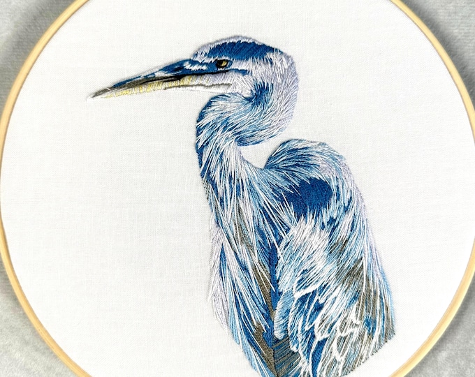 Blue Heron Embroidery Kit: Hand-Drawn Bird Design