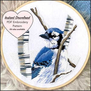 May include: Embroidered blue jay perched on a branch with white snow and birch trees in the background. The embroidery is in a round wooden hoop. The text "Instant Download PDF Embroidery Pattern Kit also available" is in a pink heart shape.