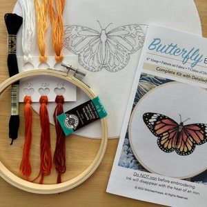 Butterfly Embroidery Kit, Complete Kit, Detailed Instructions, DMC Floss, DIY, 6 Hoop image 2