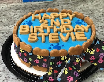 Paw Print Doggy Bone Happy Birthday / Welcome Home Cake - Dog Treat Black Ribbon - Present, Gifts