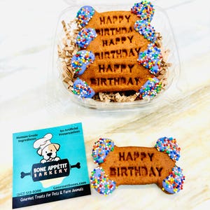 Customized Happy Birthday Dog Treats Gift Box -  4 Pack - Dozen - You chose color Dogs Birthday Bones, gifts Peanut butter. Party Favors