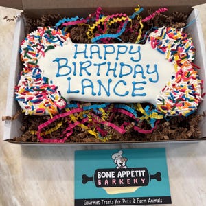 Jumbo Large Personalized Dog Happy Birthday Gotcha Day Treat Gift Box Gourmet Baked to order Cookies - Unique gifts Pups Name Bone 6.75”