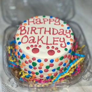 May include: A white dog cake with red icing and the words "Happy Birthday Oakley" on top. The cake is decorated with colorful sprinkles.