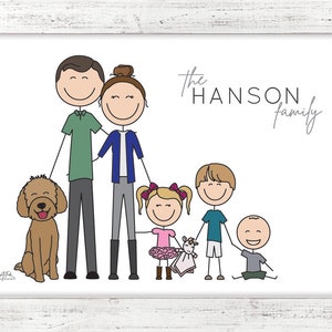 Custom Family Portrait of 5-6: Stick Figure Family (+ pets!). Family size up to 6