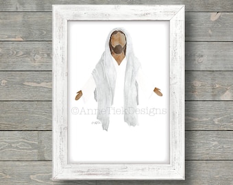 Bright Watercolor Jesus Christ: faceless, hand-painted, darker skin, Easter, Christmas, Christian