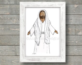 White Watercolor Jesus Christ: faceless, hand-painted, authentic, darker skin, varieties, Easter, Christmas, Christian