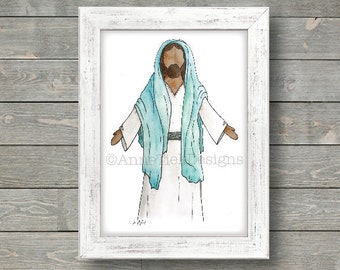 Blue Watercolor Jesus Christ: faceless, hand-painted, authentic, darker skin, varieties, Easter, Christmas, Christian