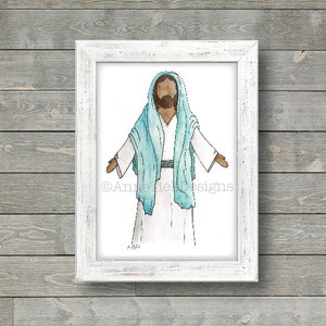 Blue Watercolor Jesus Christ: faceless, hand-painted, authentic, darker skin, varieties, Easter, Christmas, Christian