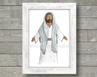 Gray Watercolor Jesus Christ: faceless, hand-painted, authentic, darker skin, varieties, Easter, Christmas, Christian